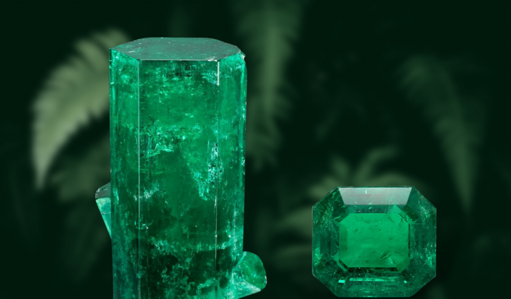 Emerald: This image highlights the best-quality color in emeralds. On the left, a rough emerald in its natural, uncut form, and on the right, a top-quality emerald showcasing its vibrant, rich green color.