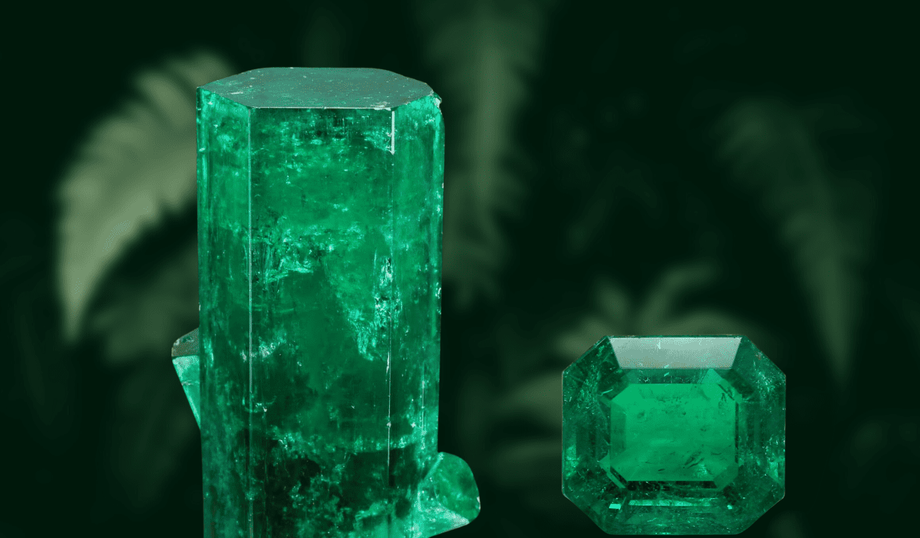 Emerald: This image highlights the best-quality color in emeralds. On the left, a rough emerald in its natural, uncut form, and on the right, a top-quality emerald showcasing its vibrant, rich green color.